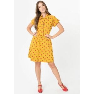Unique Vintage Apple Collared Short Sleeve Dress Mustard Yellow Pockets Teacher
